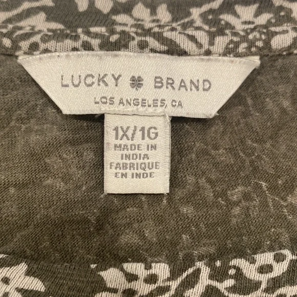 Lucky Brand Army Green and Ivory Boho Paisley Print Tunic with 3/4 Sleeves - Picture 5 of 7